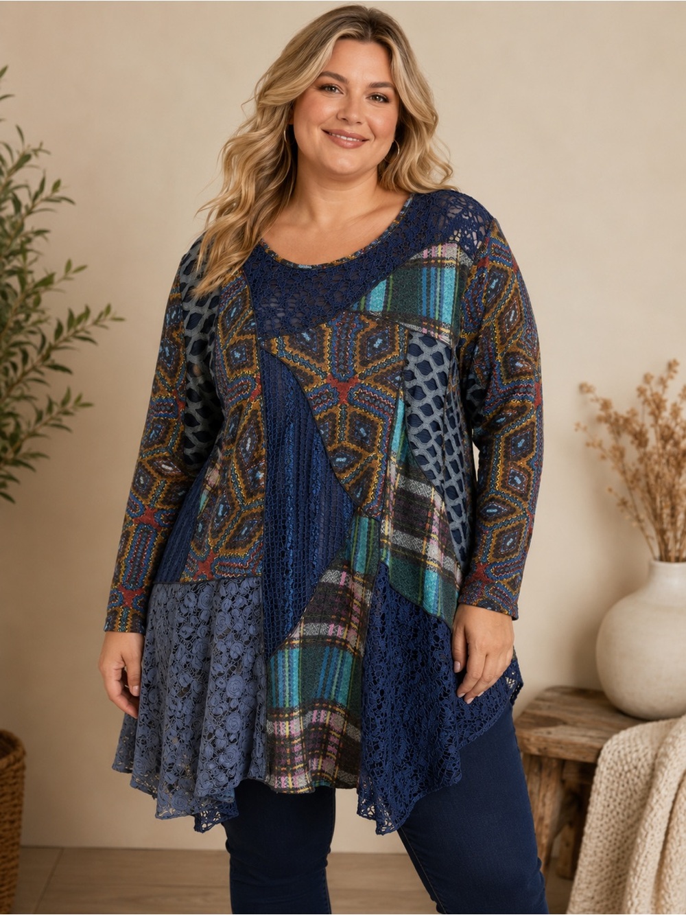 Pyramid Collection Size 3X Tunic Patchwork Art To Wear Lagenlook Boho Artsy Blue